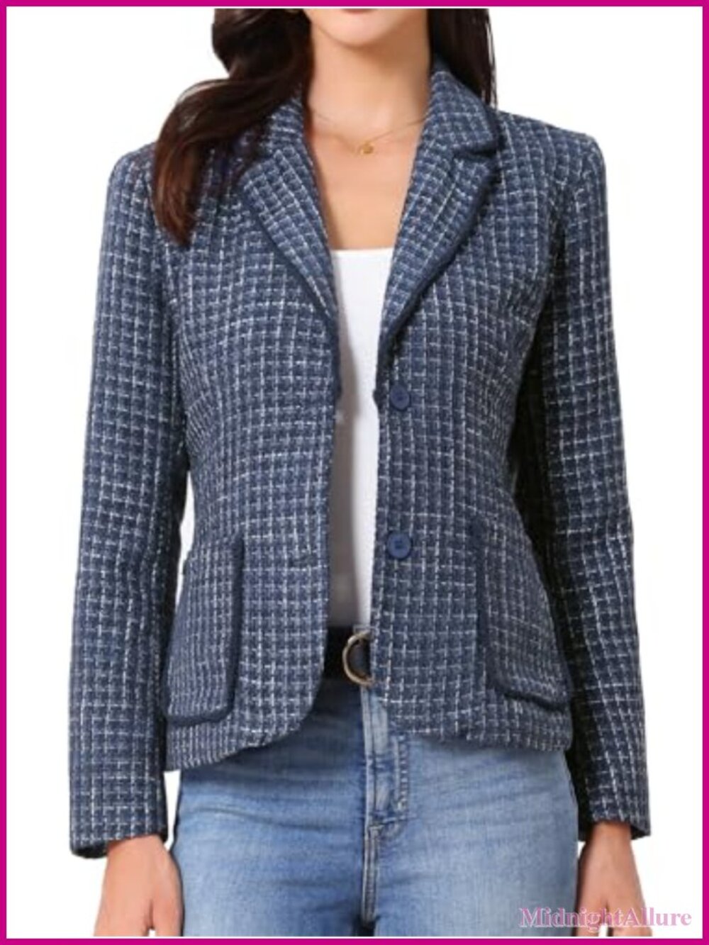 Tweed Blazer Notch Lapel Business Casual Button Front Long Sleeve